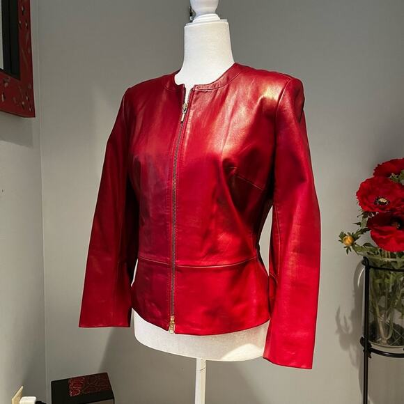 NEW Vakko VS2 Lamb Leather Classic Tailored Peplum Zip Collarless Jacket Red… - Picture 13 of 13